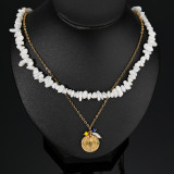 Double Layer Natural Stone Round Plate Diamond Pendant Stainless Steel Necklace Stacked Clavicle Chain