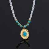 Beaded Chain Turquoise Diamond Oval Pendant Stainless Steel Necklace