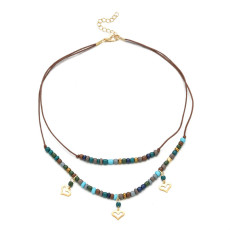 Double Layer Necklace Alloy Beaded Leather Rope Necklace