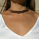 Double Stitched Clavicle Chain Beaded Leather Rope Beach Necklace