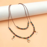 Double Layer Necklace Alloy Beaded Leather Rope Necklace