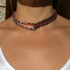 Double Stitched Clavicle Chain Beaded Leather Rope Beach Necklace