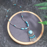 Openwork Drop Turquoise Pendant Leaf Fringe Necklace