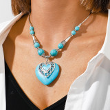 Boho Ethnic Turquoise Heart Pendant Open love Heart Necklace