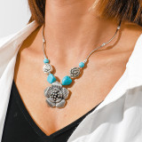 Turquoise Clavicle Chain Silver Flower Pendant Necklace