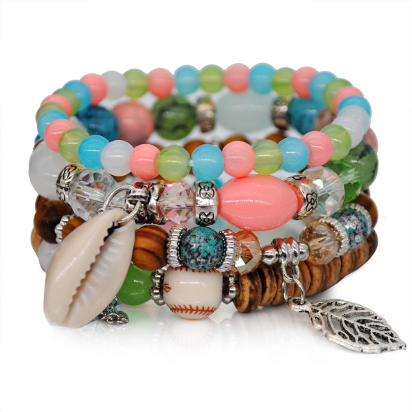 Boho Multilayer Elastic Cord Hand Beaded Bracelet Fashion Shell Bracelet Wooden Beads