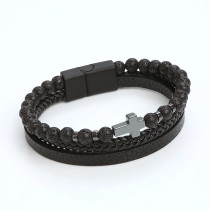 Natural Stone Stainless Steel Bracelet Obsidian Volcanic Stone Cross Multilayer Bracelet