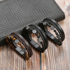 Leather rope bracelet men's natural stone stainless steel life tree volcanic stone magnet buckle