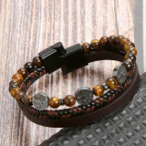 Leather rope bracelet men's natural stone stainless steel life tree volcanic stone magnet buckle