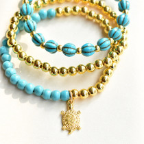 Gold Turquoise Turtle Pumpkin Bead Bracelet Set