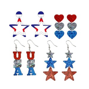 Acrylic Earrings Independence Day USA  Red White Blue Striped Texas Heart Pentagram USA Earrings