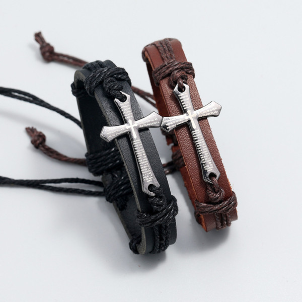 cross Hand Braided Leather Bracelet Pull Adjustable Leather Bracelet