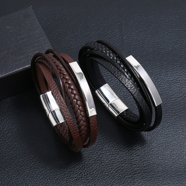 Stainless Steel Leather Bracelet Multilayer Cowhide Braided genuine leather Bracelet