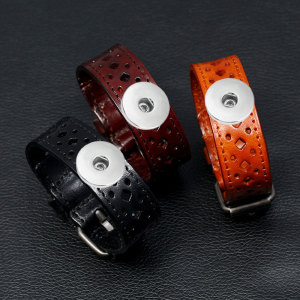 Leather Bracelet Retro Hollow Men's Wide Leather Bracelet Personality Riding Jewelry fit 20mm Snaps button jewelry wholesale
