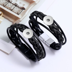 Couple Leather Jewelry Ethnic Vintage Alloy Magnetic Buckle Leather Bracelet fit 20mm snaps  jewelry