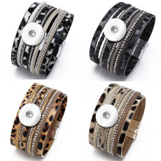Rhinestone Pu Magnet Buckle Bracelet Natural Leopard Print Horsehair Bracelet fit 18mm snap button jewelry