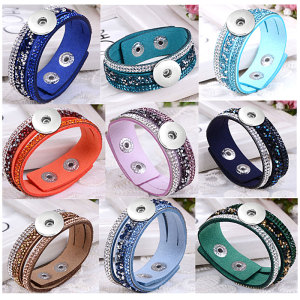 20.5CM MULTI COLORS Fleece Leather Rhinestone Bracelet fit 18mm snap button jewelry