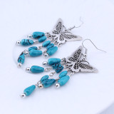 Silver Cutout Butterfly Earrings Boho Color Turquoise Rice Beads Tassel Earrings