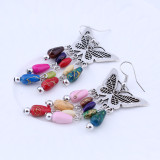 Silver Cutout Butterfly Earrings Boho Color Turquoise Rice Beads Tassel Earrings