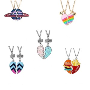 Good friend rainbow burger french fries necklace new love stitching pendant two-petal diamond couple necklace