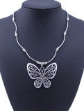Vintage Folk Silver Geometric Engraving Hollow Butterfly Pendant Necklace Women's Accessories