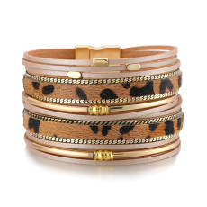 Boho Multilayer Leather Wide Bracelet Magnetic Buckle Brass Design Leopard Leather Strap Bracelet