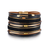 Boho Multilayer Leather Wide Bracelet Magnetic Buckle Brass Design Leopard Leather Strap Bracelet