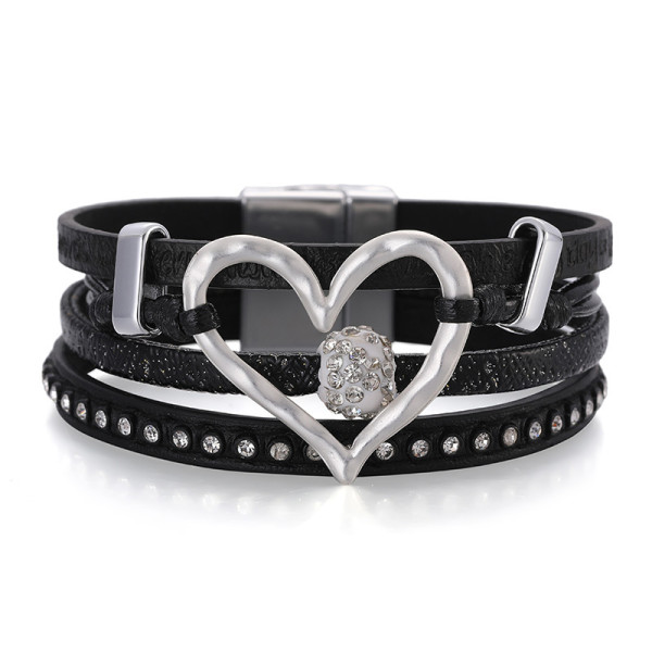 Openwork Heart Accessories Sweet Leather Bracelet Diamond Magnetic Buckle Vintage Bracelet