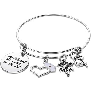 She Believed She Could Heart Nurse Hat RN Stainless Steel Adjustable LPN Nurse Bracelet