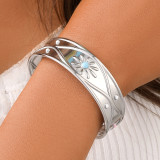 Stainless Steel Wide Edge Embossed Flower Adjustable Bracelet Titanium Hand Jewelry