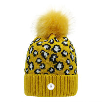 Autumn and Winter Knitted Hat Women Leopard Knitted Hat Warm Large Wool Ball Hat 18mm snap button jewelry