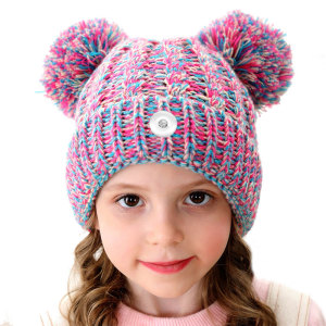 Children's autumn and winter wool cap, twist knitting, cute double ball girls' knitting cap, suitable for 18mm snap button jewelry