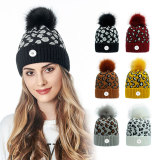 Autumn and Winter Knitted Hat Women Leopard Knitted Hat Warm Large Wool Ball Hat 18mm snap button jewelry