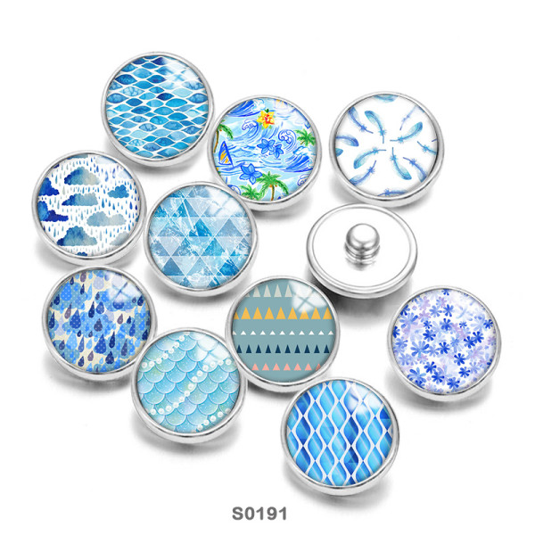 Painted metal 20mm snap button charms Blue Pattern Print
