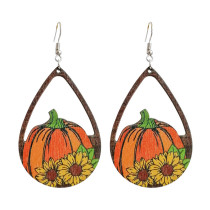 Autumn Thanksgiving Pumpkin Earrings Colorful Maple Leaf Sunflower Pumpkin Coffee Cup Hollow out Water Drop Wooden Earrings