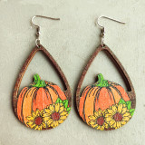 Autumn Thanksgiving Pumpkin Earrings Colorful Maple Leaf Sunflower Pumpkin Coffee Cup Hollow out Water Drop Wooden Earrings