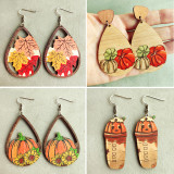 Autumn Thanksgiving Pumpkin Earrings Colorful Maple Leaf Sunflower Pumpkin Coffee Cup Hollow out Water Drop Wooden Earrings