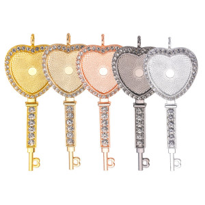 50pcs/lot Alloy internal diameter 25mm peach heart key shaped necklace pendant with diamond time gem alloy base support alloy accessories diy