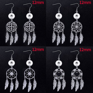 Stainless steel jewelry cut dream catching net hollow tassel feather earrings fit 12MM snap button jewelry Hollow circle