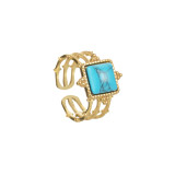 Stainless Steel Turquoise Set Ring 14K Gold Open Adjustable Ring