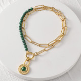 tainless Steel Natural Stone Splice Lock Pendant 18K Gold Fashion Versatile Necklace