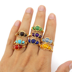 Hand Wrapped Gold Agate Pearl Crystal Natural Stone Ring Female Adjustable Ring