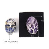 Hand wound round amethyst natural stone life tree ring female adjustable opening ring