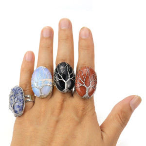 Hand wound round amethyst natural stone life tree ring female adjustable opening ring