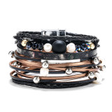 Bohemian nail bead multi-layer wide magnet buckle leather bracelet