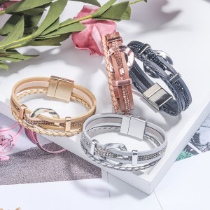 Multi layer magnet clasp alloy woven leather bracelet