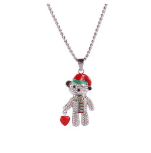 Christmas Red Heart Bear Stainless Steel Necklace with Diamond Cartoon Pendant Sweater Chain 70CM