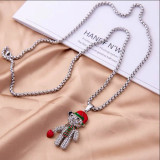 Christmas Red Heart Bear Stainless Steel Necklace with Diamond Cartoon Pendant Sweater Chain 70CM