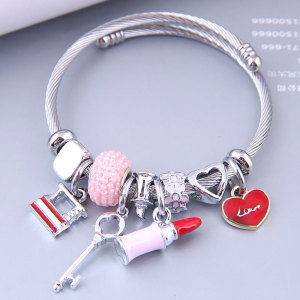 Beauty lipstick love crystal beads adjustable stainless steel bracelet