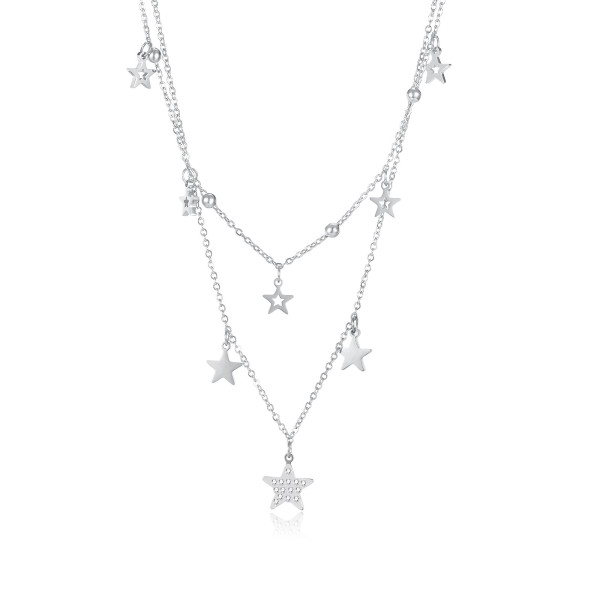 Stainless steel double layer star set zircon necklace